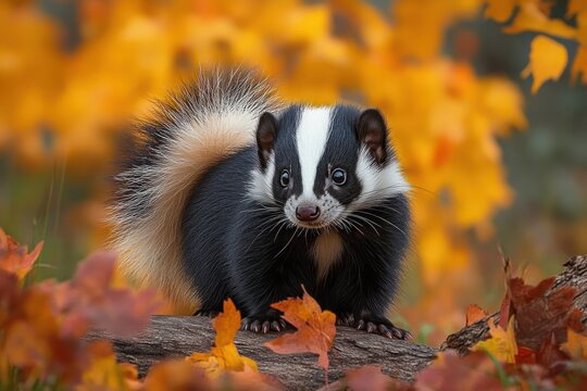 curious skunk with bushy tail standing on a log surrounded by bright orange and yellow autumn leaves, alert expression