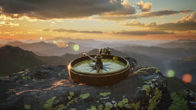 Vintage golden compass on mossy rock overlooking majestic mountain range during sunset with lens flare, concept for business strategy, global exploration and career goal direction