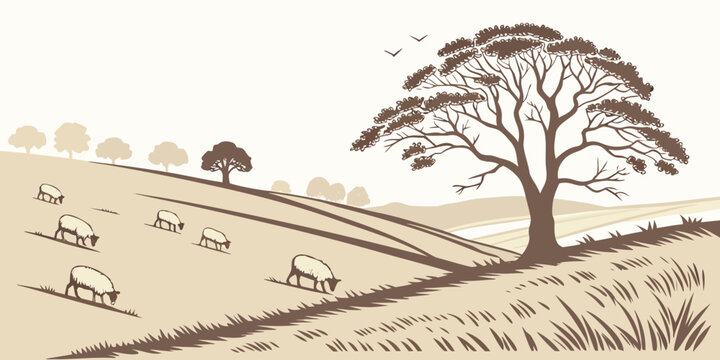 A tree stands tall in a field with sheep grazing Vector