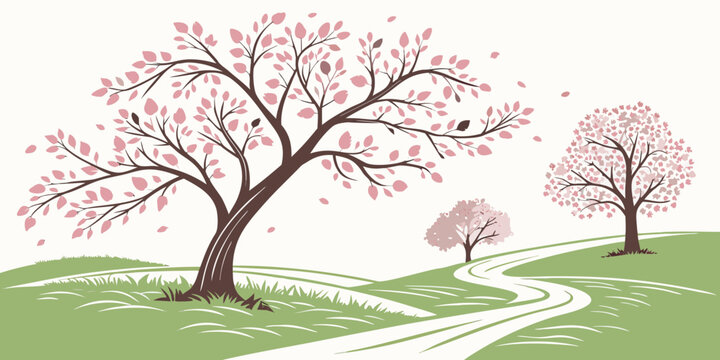 A scenic landscape with trees and a winding path Vector