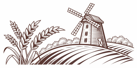 A brown illustration of a windmill on a field with wheat Vector © MST CHIN BANU BEGUM