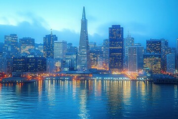 Obraz premium Misty waterfront city skyline at blue hour with a pointed pyramidal skyscraper, illuminated high-rises and warm streetlights reflected on calm bay water, serene evening glow