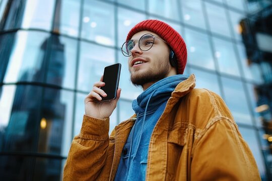 person in red beanie and brown jacket holding smartphone near mouth in front of reflective glass office building, focused and engaged urban scene