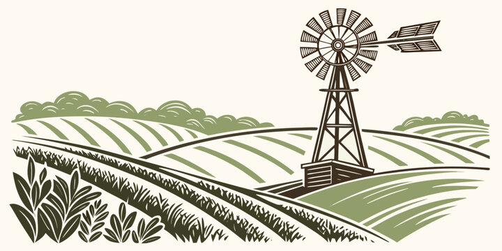 A windmill standing in a field of crops Vector