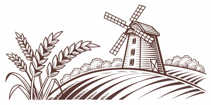 A brown illustration of a windmill on a field with wheat Vector