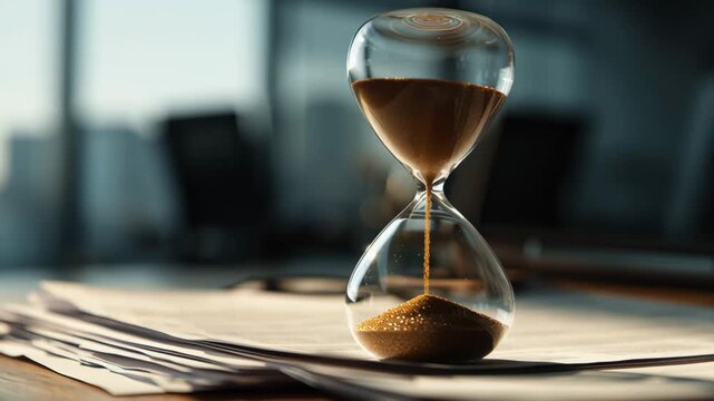 Hourglass resting on stack of papers in modern office setting  