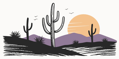 A desert landscape with cacti at sunset Vector © MST CHIN BANU BEGUM