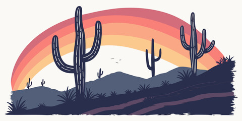 A desert landscape with cacti under a rainbow Vector © MST CHIN BANU BEGUM