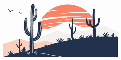 A desert landscape with cacti at sunset Vector © MST CHIN BANU BEGUM