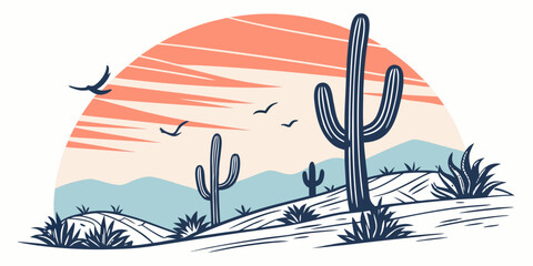 A desert landscape with cacti and birds Vector © MST CHIN BANU BEGUM