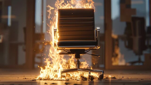 Office chair on fire with flames engulfing the floor in workplace  