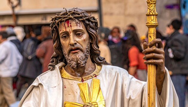Close-up of a statue with a crown of thorns and holding a golden staff, amid a crowd during an outdoor event