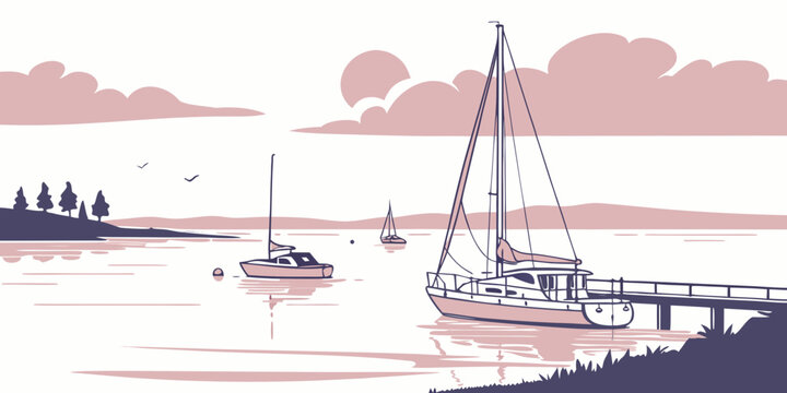 A sailboat floats on the water near a dock Vector