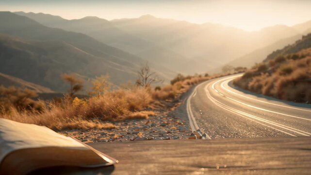 Open bible in front of a long winding road at sunrise symbolizing God's formless and perfect spirit  