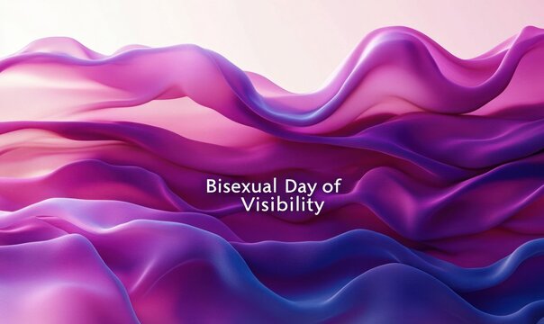 flowing pink, purple, and blue silk waves with centered white text reading bisexual day of visibility, abstract uplifting fabric shapes conveying celebration and pride