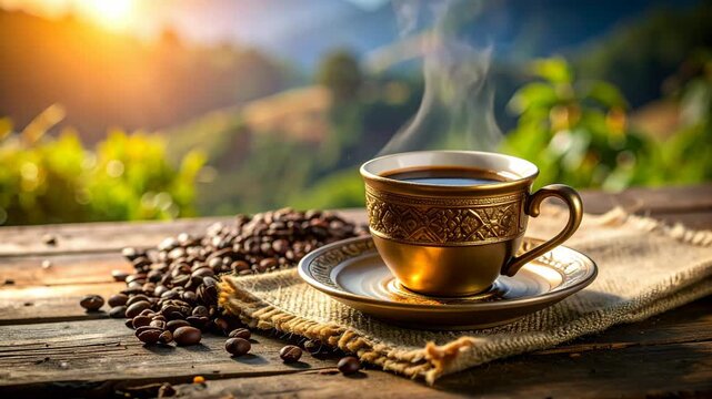 Steaming cup of coffee with roasted beans on rustic wooden table in warm morning sunlight