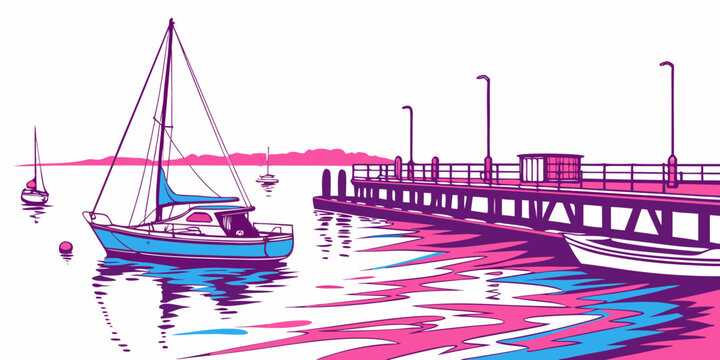 A sailboat is moored at a dock on a body of water Vector