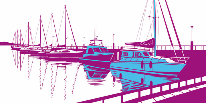 A boat is docked at a marina with several boats Vector
