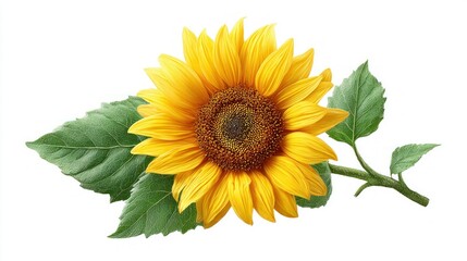 Obraz premium Vibrant sunflower with green leaves isolated on a clean white background