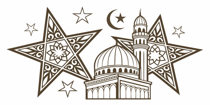 A mosque with stars and a crescent moon Vector
