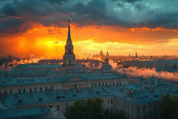 Fototapeta premium Historic city rooftops and a tall spire topped with a star amid chimneys and rising steam, bathed in dramatic orange sunrise and stormy clouds, moody awe