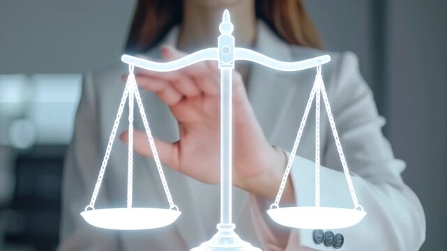 Woman holding scales of justice in office.