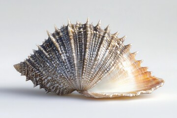 Fototapeta premium ornate spiky fan-shaped seashell with ridged brown and cream pattern resting on white surface, soft lighting conveying calm natural elegance