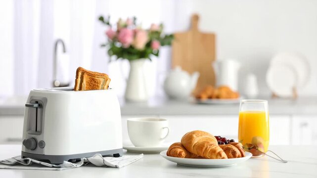 White toaster with golden brown toast, croissants and orange juice on kitchen counter