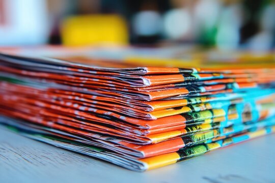 Close-up stack of colorful folded magazines and brochures on a desk, layered glossy paper edges evoking creative energy and organized anticipation