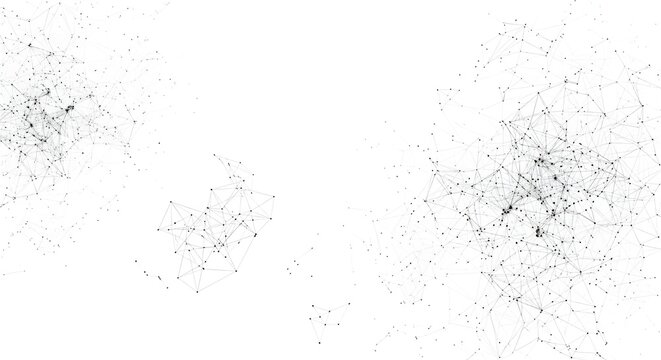 Abstract network diagram featuring interconnected black dots and thin lines on a white background, representing data connections or complex systems.