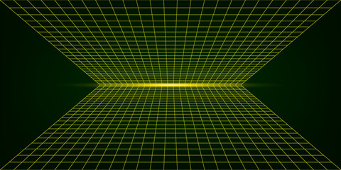 3d wireframe perspective grid room template design vector illustration background. Empty 3 dimension virtual room with perspective wireframe grid geometric sketch. Cyber virtual line interior frame. © erika