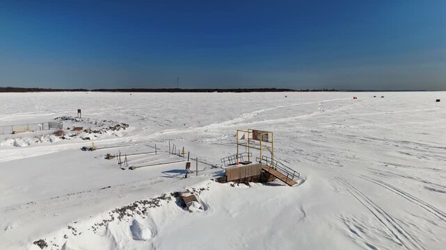 Aerial Drone View of Gas Refueling Sign for Boats at Port in Gosport Brighton Ontario on a Winter Day in Canada