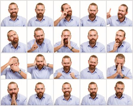 Collection of a middle-aged man with beard expressing different facial expressions and body language gestures on white background. Composite of multiple poses showing various emotions: thinking, happy