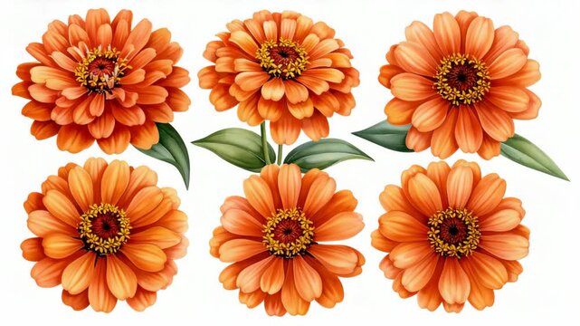 Vibrant orange zinnia flowers with green leaves arranged against a white background