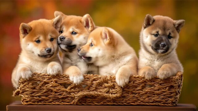 籐かごに並ぶ柴犬の子犬五匹正面