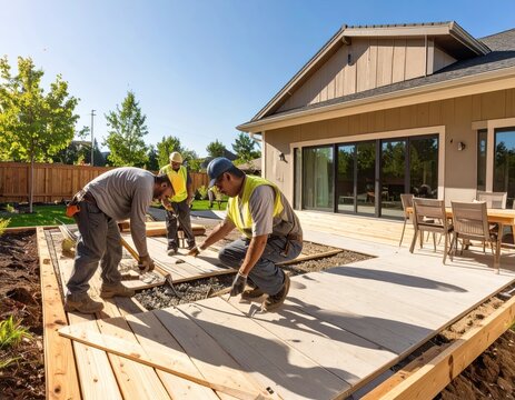 Three construction workers laying wooden deck in a sunny home backyard