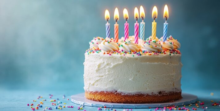 round white frosted birthday cake with seven lit colorful candles, sprinkles and cream rosettes on blue background, joyful celebration