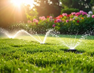 Garden sprinklers watering green grass with golden hour sunlight and colorful flowers