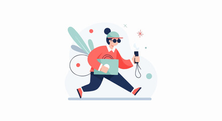 Fototapeta premium Stylized character in motion with a briefcase and a device