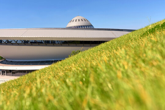 View of the Spodek Arena and the International Congress Centre MCK green roof, Katowice, Silesia, Poland, Europe.