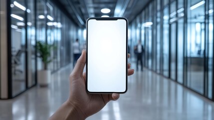 Hand holding smartphone in office,People in business center walking at hall,motion go around at coworking space,Wide image,Concept of office life,co working space.