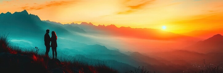 Fototapeta premium silhouetted couple on a grassy ridge watching a golden sunrise over misty layered mountains, romantic and tranquil mood