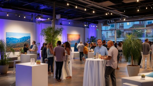Networking event attendees mingling around high-top tables in modern gallery space, abstract art installations visible on white walls behind conversations, ideal for corporate gatherings and