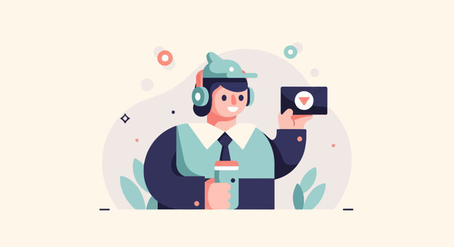 Stylized individual in cap and headphones holds tablet with play button