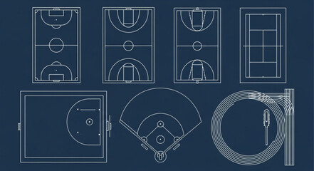 Blueprint of Various Sports Fields and Courts for Design.