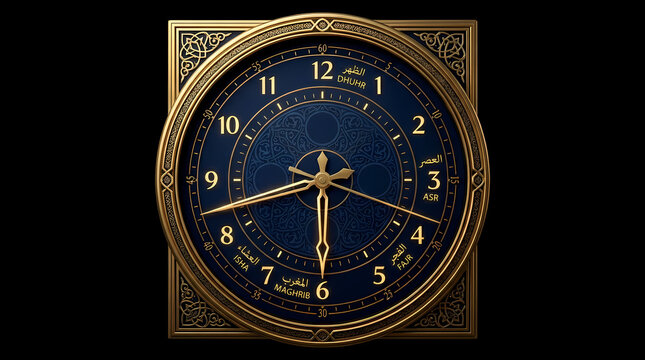 Luxury Islamic Prayer Time Clock With Golden Ornate Frame And Dark Blue Dial On Black Background