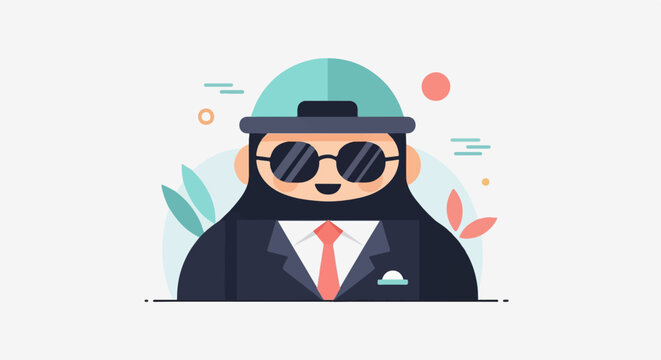 Stylized flat illustration of a character in a suit, tie, and sunglasses