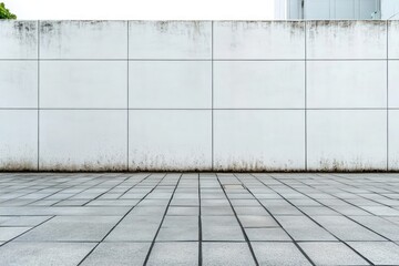 Fototapeta premium Empty tiled plaza in front of a tall white panel wall with weather stains, clean geometric grid of concrete tiles, hint of greenery and rooftop, minimalist quiet atmosphere