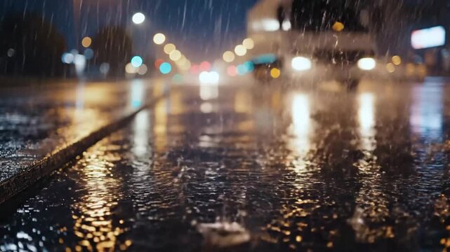 Rain falling on wet road at night with streetlights and blurred traffic adding atmosphere