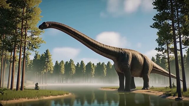 Realistic prehistoric dinosaur walking through a misty forest landscape with a river at sunrise. Cinematic nature scene featuring a giant sauropod in a Jurassic environment.